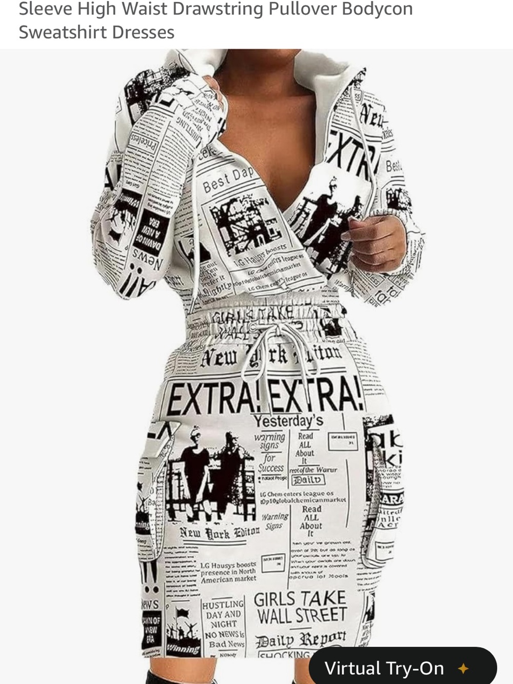 Newspaper Print Drawstring Waist Bodycon Hoodie Dress - White/Black EUC
